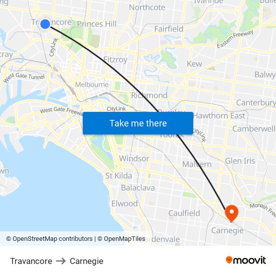 Travancore to Carnegie map