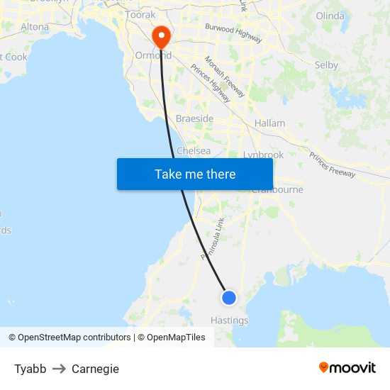 Tyabb to Carnegie map