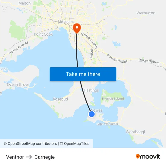 Ventnor to Carnegie map