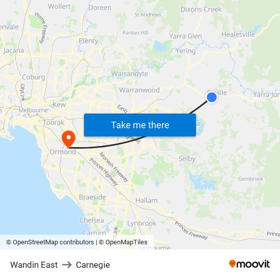 Wandin East to Carnegie map