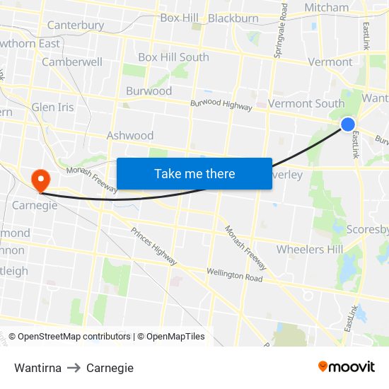 Wantirna to Carnegie map