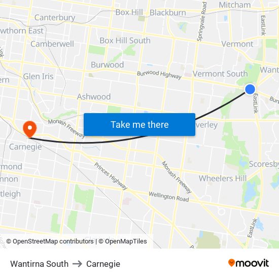 Wantirna South to Carnegie map