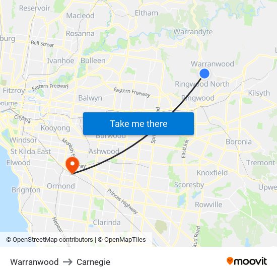Warranwood to Carnegie map