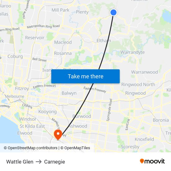 Wattle Glen to Carnegie map