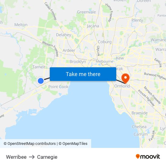 Werribee to Carnegie map