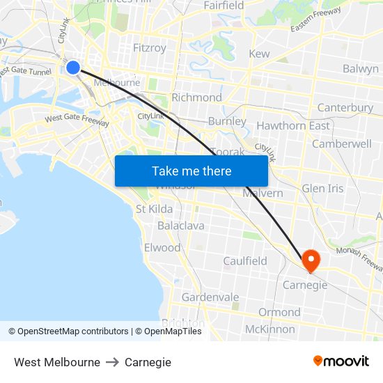 West Melbourne to Carnegie map