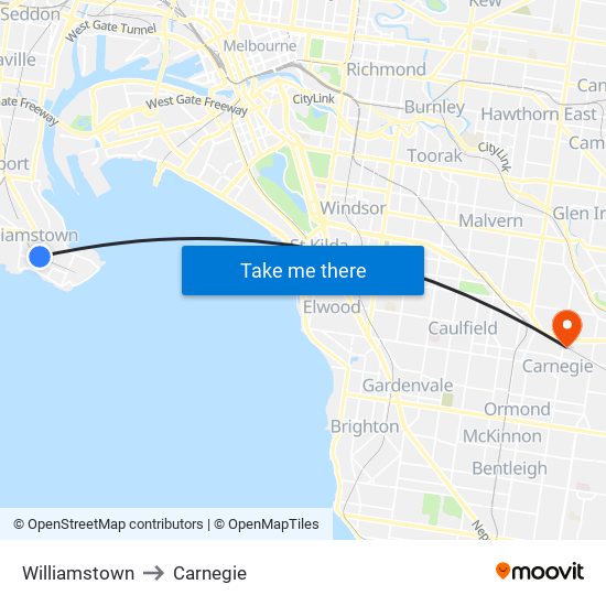 Williamstown to Carnegie map