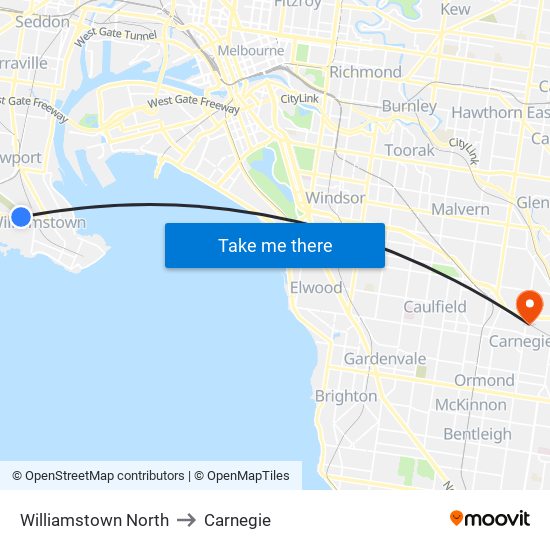 Williamstown North to Carnegie map