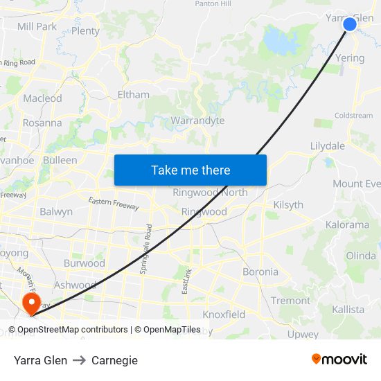 Yarra Glen to Carnegie map