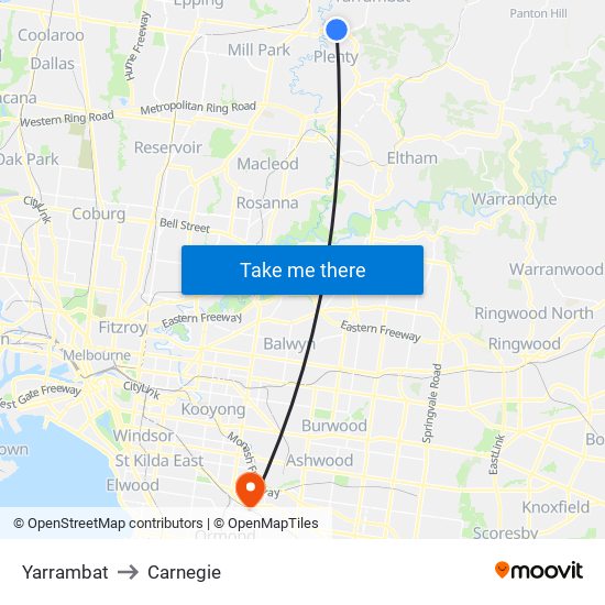 Yarrambat to Carnegie map