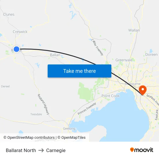 Ballarat North to Carnegie map