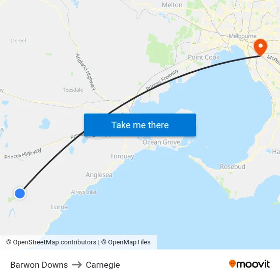Barwon Downs to Carnegie map