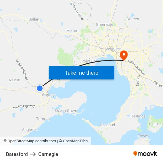 Batesford to Carnegie map