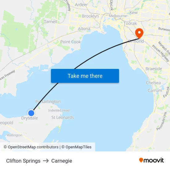 Clifton Springs to Carnegie map