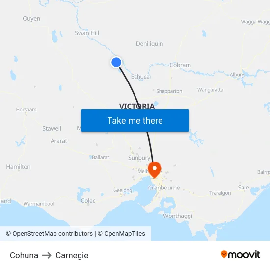 Cohuna to Carnegie map