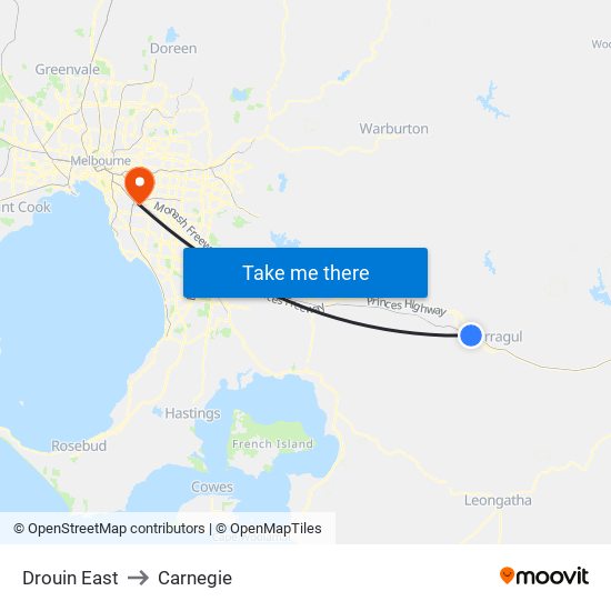 Drouin East to Carnegie map