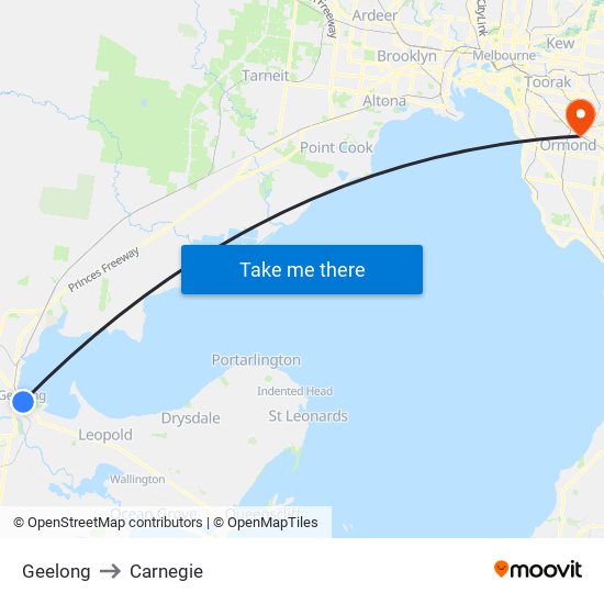 Geelong to Carnegie map