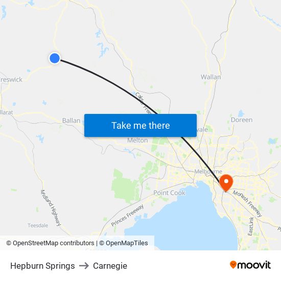 Hepburn Springs to Carnegie map