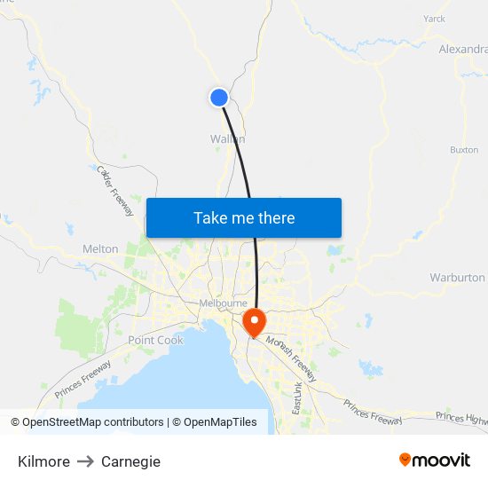 Kilmore to Carnegie map