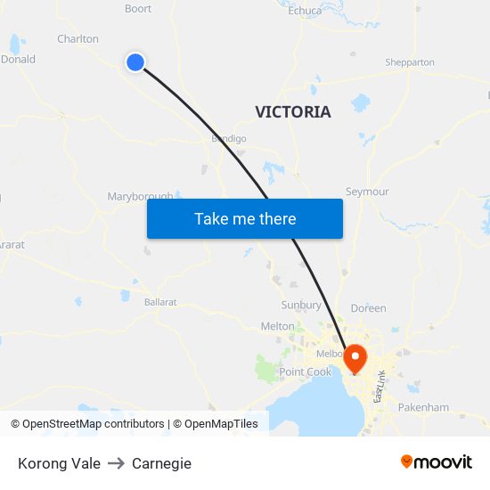 Korong Vale to Carnegie map