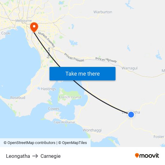 Leongatha to Carnegie map