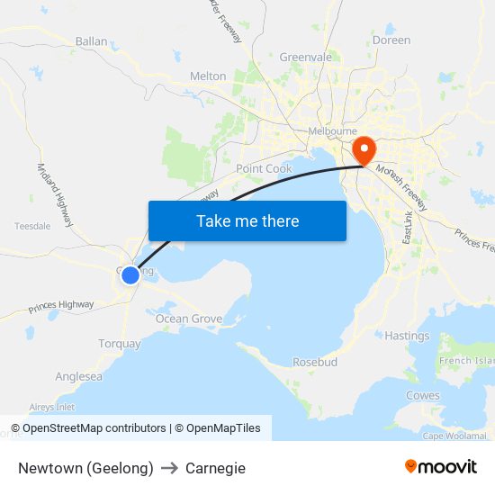 Newtown (Geelong) to Carnegie map