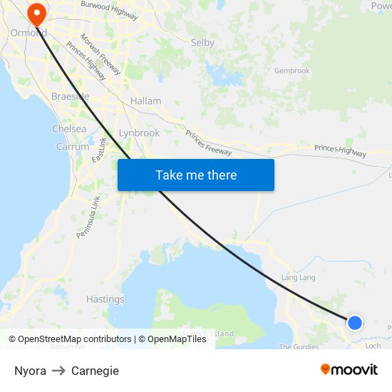 Nyora to Carnegie map