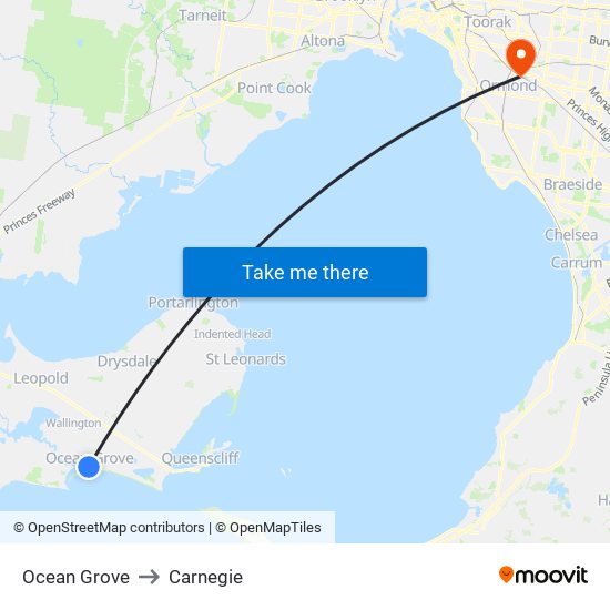 Ocean Grove to Carnegie map