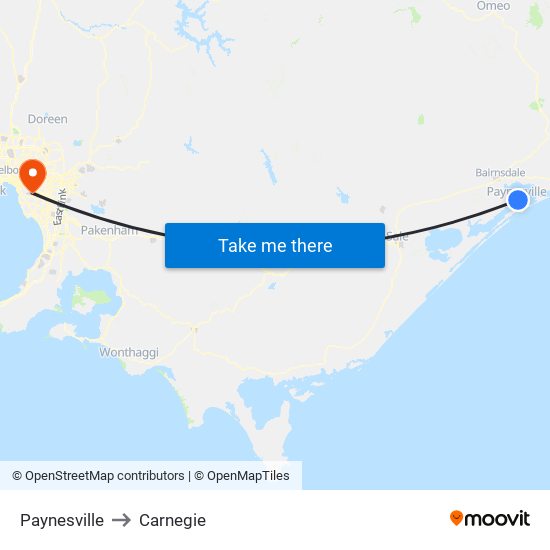 Paynesville to Carnegie map