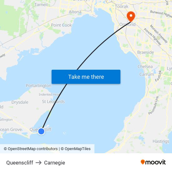 Queenscliff to Carnegie map