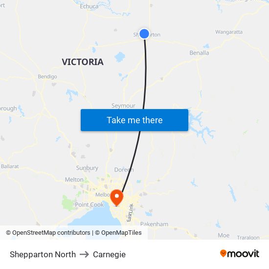 Shepparton North to Carnegie map