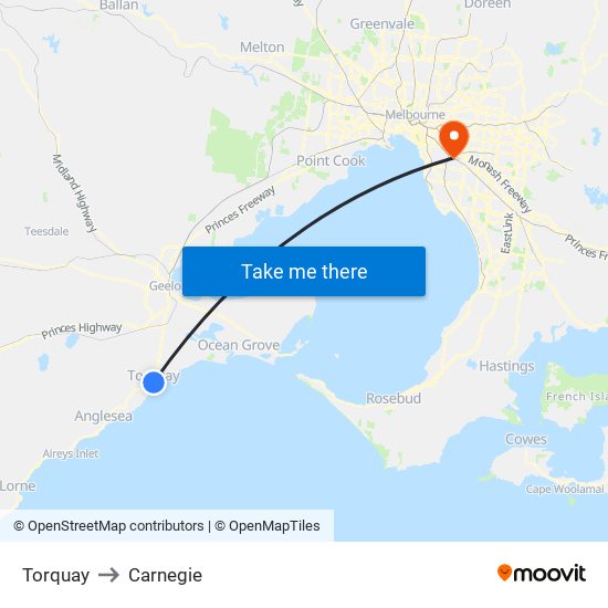 Torquay to Carnegie map