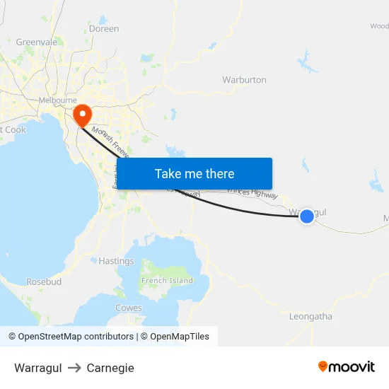 Warragul to Carnegie map