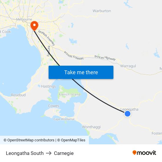 Leongatha South to Carnegie map