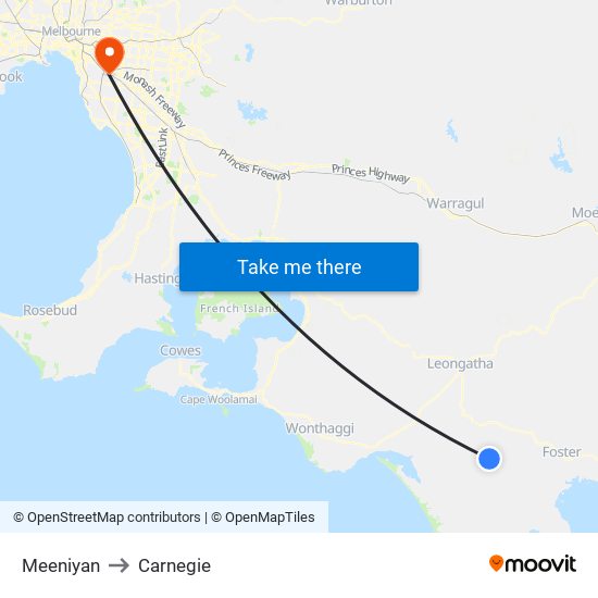 Meeniyan to Carnegie map