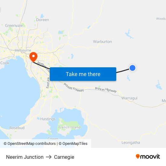 Neerim Junction to Carnegie map