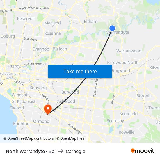 North Warrandyte - Bal to Carnegie map