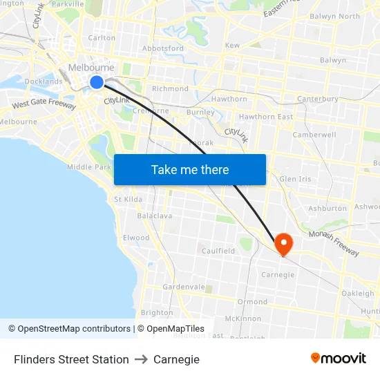 Flinders Street Station to Carnegie map