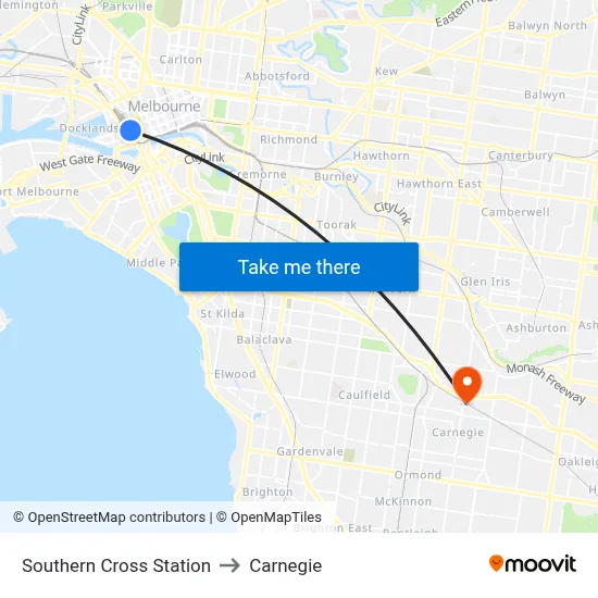 Southern Cross Station to Carnegie map