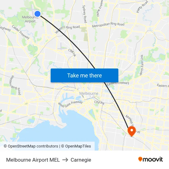 Melbourne Airport MEL to Carnegie map