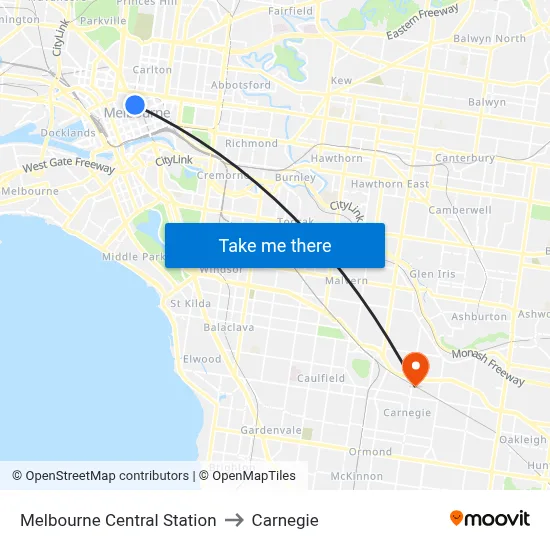 Melbourne Central Station to Carnegie map