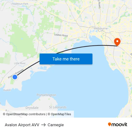 Avalon Airport AVV to Carnegie map