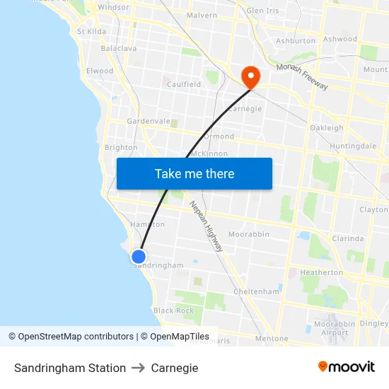 Sandringham Station to Carnegie map