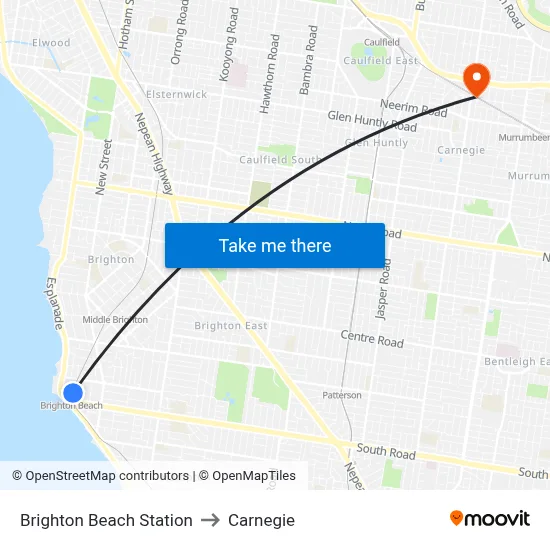 Brighton Beach Station to Carnegie map