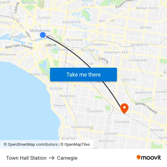 Town Hall Station to Carnegie map