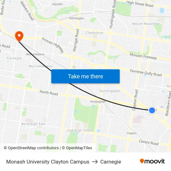 Monash University Clayton Campus to Carnegie map