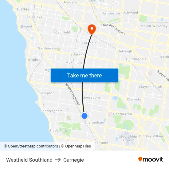 Westfield Southland to Carnegie map