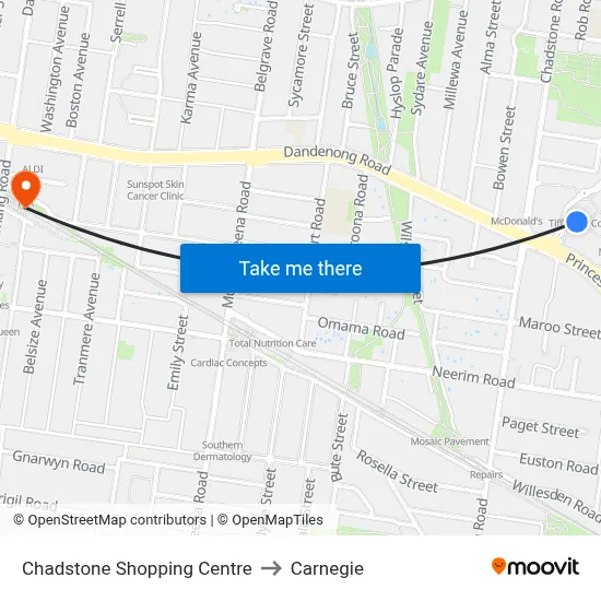 Chadstone Shopping Centre to Carnegie map