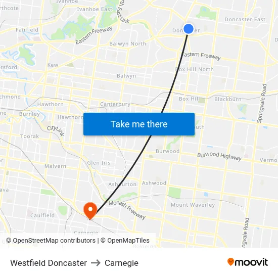 Westfield Doncaster to Carnegie map