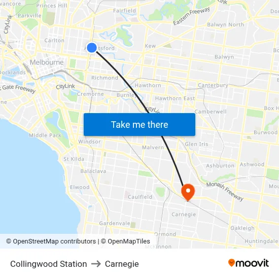 Collingwood Station to Carnegie map
